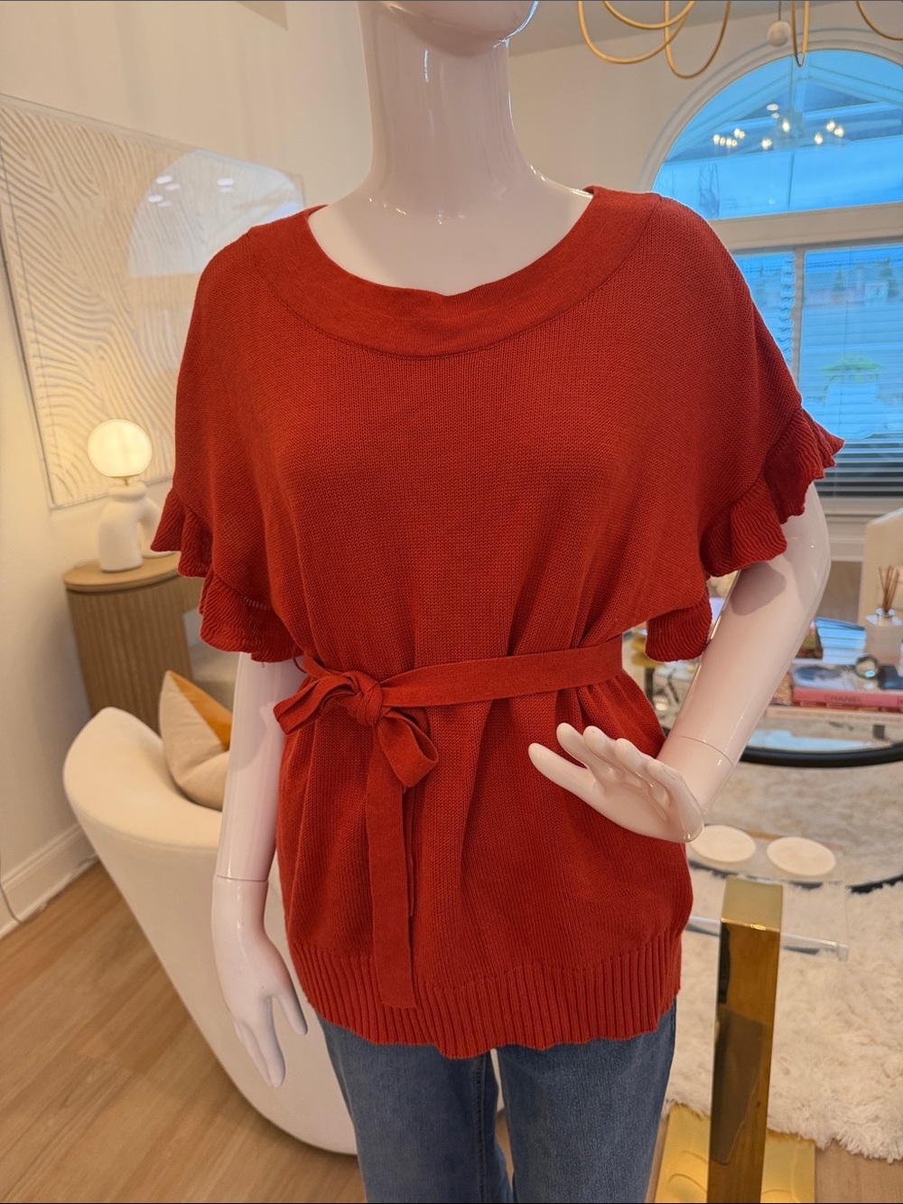 Elle Burnt Orange Short-Sleeve Belted Crewneck Sweater